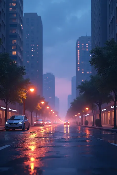 
"Create an image of a tranquil, serene night cityscape with softly glowing streetlights reflecting off wet pavement after a light rain. The city is quiet, with a calm atmosphere, and the streets are nearly empty except for a few distant cars slowly passin...