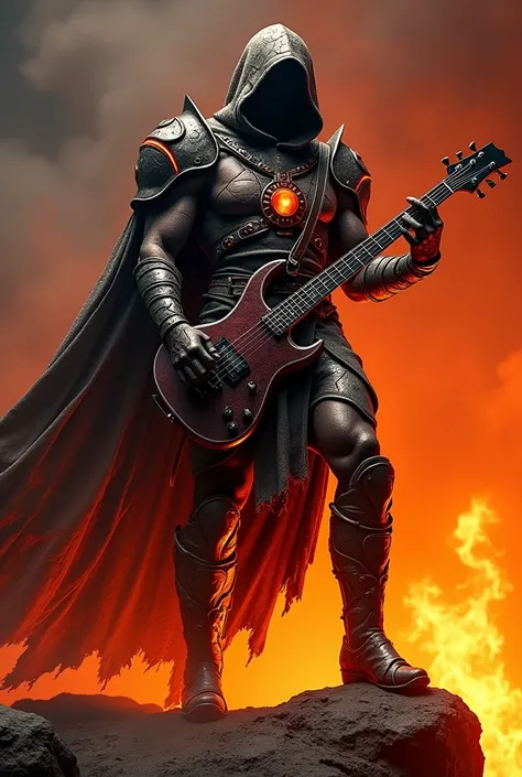 It generates an image of an elemental lava, it has a humanoid shape, it has features of a very muscular man, it is wearing rock armor with cracks all over it, fire comes out of the cracks, it is wearing a cape and hood on so it cannot be seen,guitar, bapho...