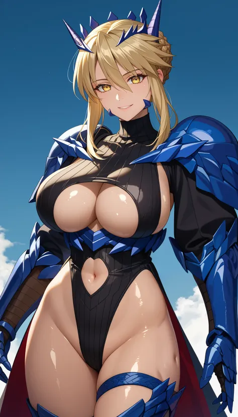  perfect eyes、 perfectly sexy face、 ultra detailed 、ultra perfect eyes、 Artoria Pendragon、 shiny hair 、 light blond hair、Braid、 yellow-eyed、horn、 black jumpsuit 、central opening、cut out clothes、navel、Huge breasts、Armor、 swallows 、 red and black cover、Armor...