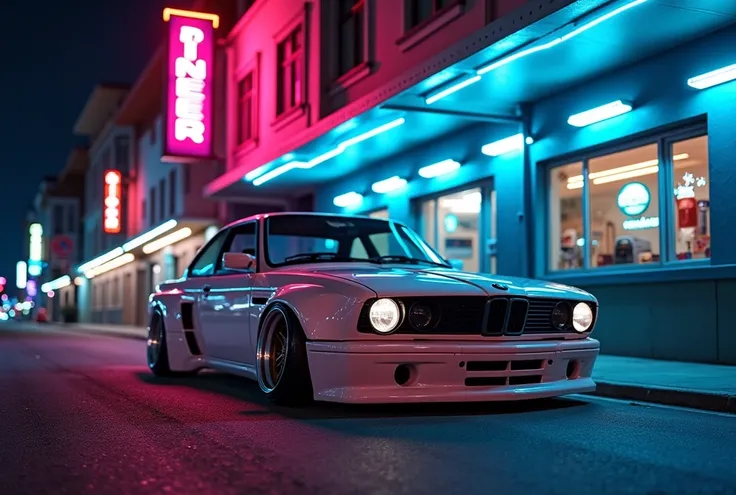 Low-angle, full shot of a customized, vintage-style bmw m4 car parked on a city street at night.  The car, a light pinkish-white coupe, is modified with a unique, almost industrial aesthetic; visible body panels, custom rims and tires. Neon lights and glow...