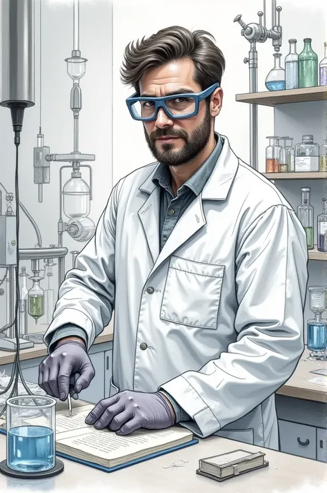 drawing of a man in a laboratory with his safety measure
