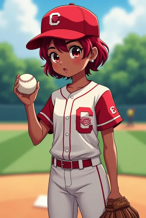 Young dark-skinned girl ,  short red hair wearing a baseball uniform and a ball in her hand 