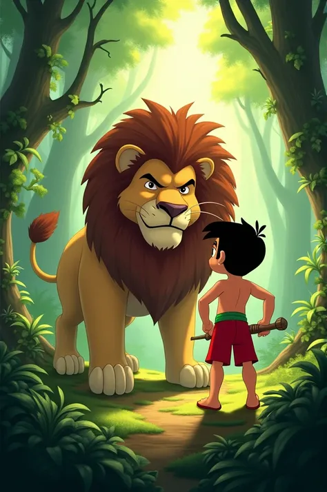 "An action-packed scene in a dense, vibrant forest where Chhota Bheem, the brave and energetic young hero, stands confidently facing a mighty lion. The lush greenery of the forest surrounds them, with tall trees, vines, and vibrant foliage. Chhota Bheem, i...