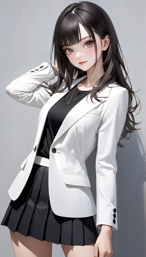 ultra-realism, very beautiful and young new appearance, A woman standing in a fashion model stance, cowboy shot, cute and kind face, asymmetrical bangs, white business suit jacket, u-neck blouse, black medium skirt, 