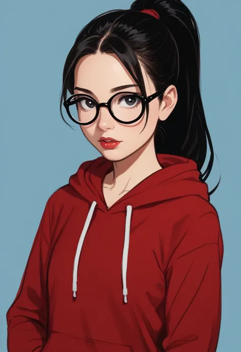 1girl, solo, hoodie, hood, black hair, glasses, red hoodie, looking at viewer, hood down, black-framed eyewear, drawstring, upper body, parted lips, black eyes, round eyewear, lips, red lips, ponytail, nose, teeth, blue background, long hair, portrait, med...