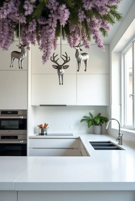  Beautiful kitchen with white furniture and stainless steel clean and tidy open environment. And above the inn, a Christmas arrangement with metallic silver metallic reindeer and purple mistletoe. 