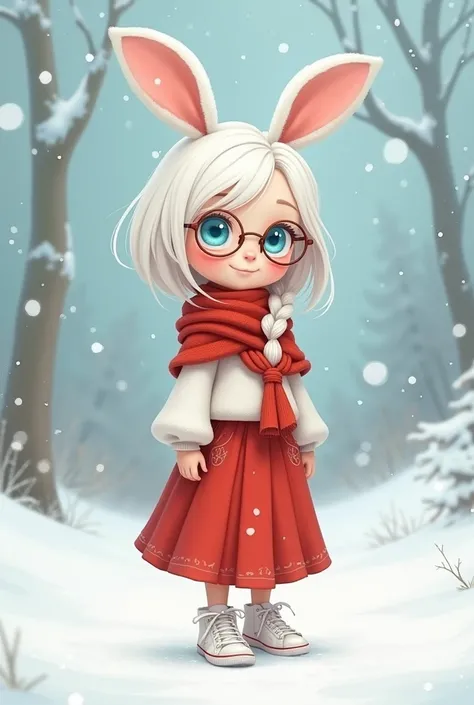 Girl, white hair, blue eyes, one-sided braid, wearing transparent glasses, bunny ears, hat, red shawl, white long-sleeved shirt, red long skirt, white sneakers, cartoon-like, snow