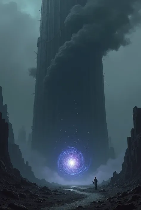 A towering dark structure pierces a desolate, dystopian landscape. The tower looms ominously, surrounded by swirling black clouds and an eerie glow. Above it, a massive black vortex spirals endlessly, pulling fragments of debris and light into its void. A ...