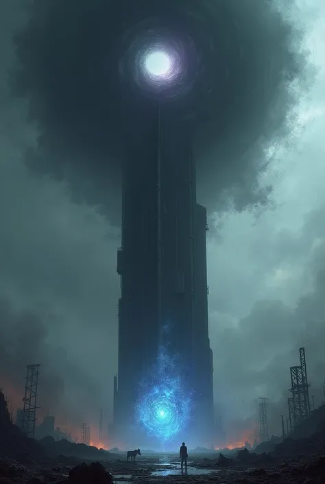 A towering dark structure pierces a desolate, dystopian landscape. The tower looms ominously, surrounded by swirling black clouds and an eerie glow. Above it, a massive black vortex spirals endlessly, pulling fragments of debris and light into its void. A ...