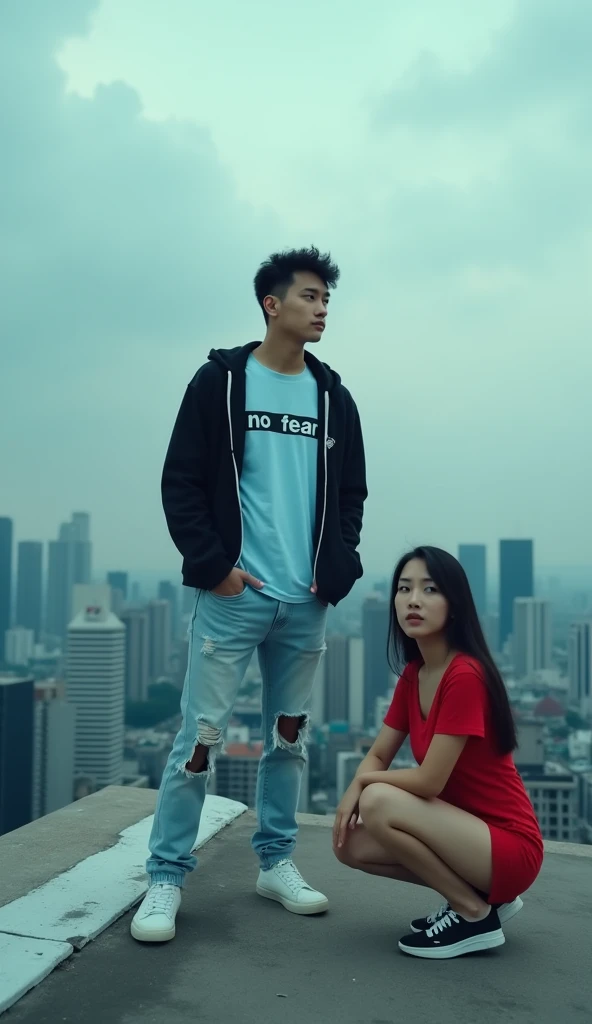 1 Thai man wearing a light blue t-shirt with the words "No Fear".black jacket hoodie, Ripped denim pants, white vans shoes, the man standon the edge of the roof of a tall building, next to him a woman  squats wearing a red mini dress, looking to camera, sn...