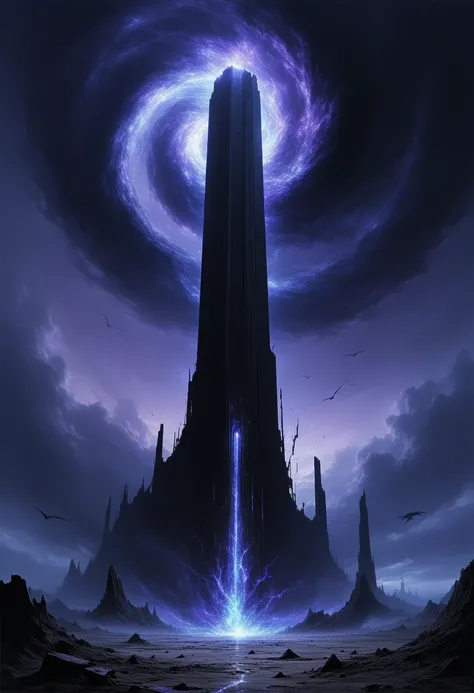 A towering dark structure pierces a desolate, dystopian landscape. The tower looms ominously, surrounded by swirling black clouds and an eerie glow. Above it, a massive black vortex spirals endlessly, pulling fragments of debris and light into its void. A ...