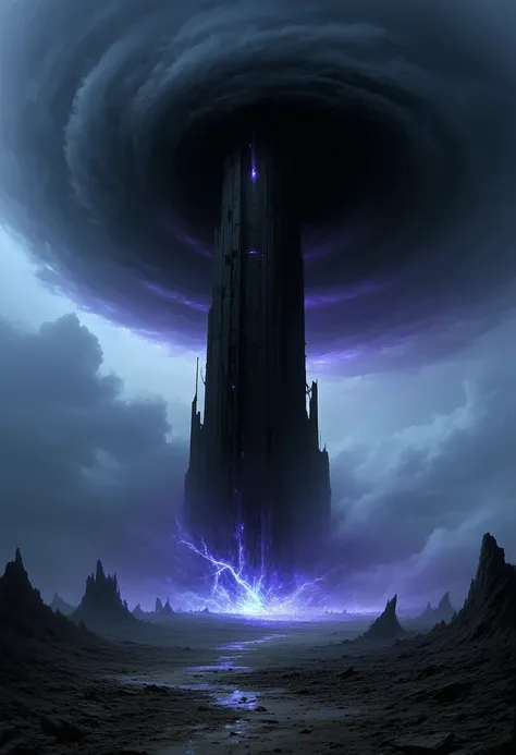 A towering dark structure pierces a desolate, dystopian landscape. The tower looms ominously, surrounded by swirling black clouds and an eerie glow. Above it, a massive black vortex spirals endlessly, pulling fragments of debris and light into its void. A ...