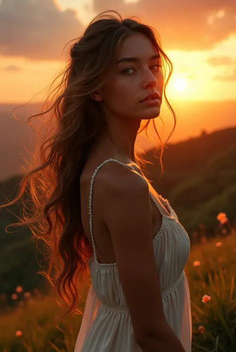  Beautiful girl with long wavy hair, bohemian dress,  half-naked ,  watching the sunset