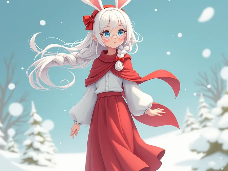 Girl, white hair, blue eyes, one-sided braid, wearing transparent glasses, bunny ears, red headdress, red shawl, white long-sleeved shirt, red long skirt, white sneakers, cartoon-like, snow.