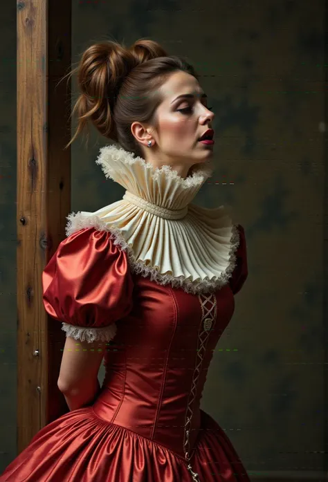 (realistic photograph close up sideways victorian) (a big bust slender waist surprised pleased beautiful sexy looking lady having an orgasm with (hair bun)), (she is wearing (an exaggerated elaborate shiny high neck dress with (huge puff sleeves), (and a n...