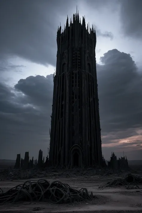 A towering dark structure pierces a desolate, dystopian landscape. The tower looms ominously, surrounded by swirling black clouds and an eerie glow. Above it, a massive black vortex spirals endlessly, pulling fragments of debris and light into its void. A ...