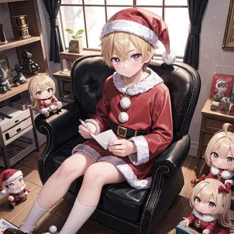 (masterpiece),
1boy, focus, chibi, santa claus,
sitting on chair, reading letter, looking at viewer, (toys), toy factory