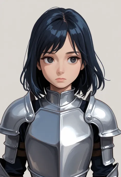 1girl, armor, solo, shoulder armor, black eyes, upper body, black hair, closed mouth, pauldrons, breastplate, medium hair, grey background, blue hair, shaded face, plate armor, simple background, looking to the side, looking at viewer, long hair, knight, e...