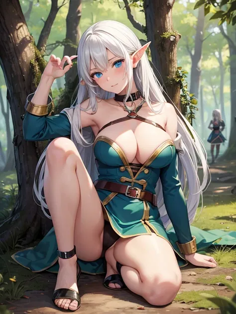 masterpiece, top quality, portrait, manga style , 1 woman ,Teenagers ,full body, in the woods,Elf, sexy clothes,  blue eyes, White Hair,slave collar,Slave handcuffs