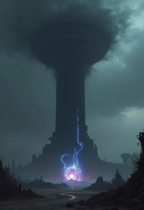 A towering dark structure pierces a desolate, dystopian landscape. The tower looms ominously, surrounded by swirling black clouds and an eerie glow. Above it, a massive black vortex spirals endlessly, pulling fragments of debris and light into its void. A ...