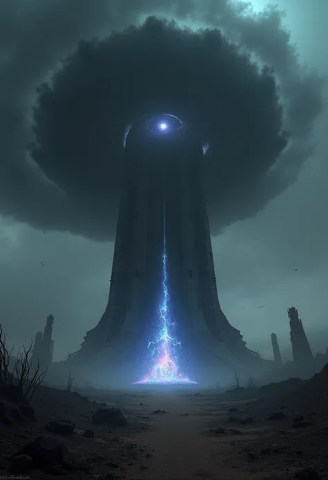 A towering dark structure pierces a desolate, dystopian landscape. The tower looms ominously, surrounded by swirling black clouds and an eerie glow. Above it, a massive black vortex spirals endlessly, pulling fragments of debris and light into its void. A ...