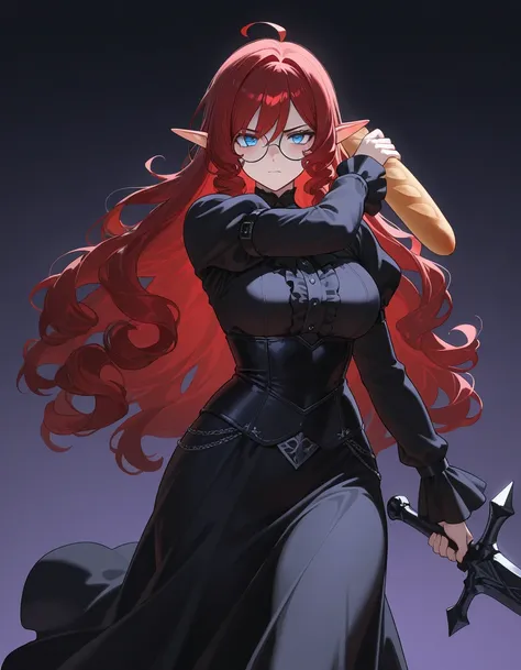 ((anime 2d style)),((dark fantasy background)), anime style, serious expression, women, dark purply tone red hair, blue eyes, wavy curly long hair, gothic dress, round glasses, fighting with a baguette bread sword, plus size body, curvy body, elf ears, cow...