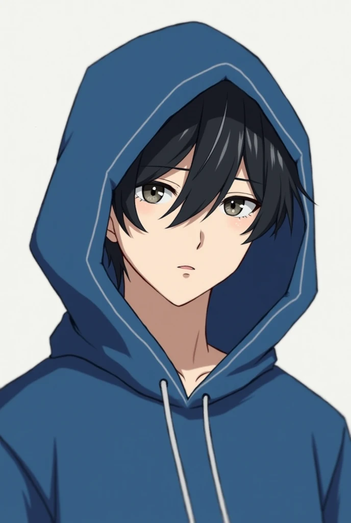  dark hair,  smooth and slightly long face shape that covers part of the forehead.
Large and visible eyes ,  of a neutral or natural shade .
 Simplified and symmetrical features ,  with a square or angular .
 wears a blue hood , as if I were wearing a hood...