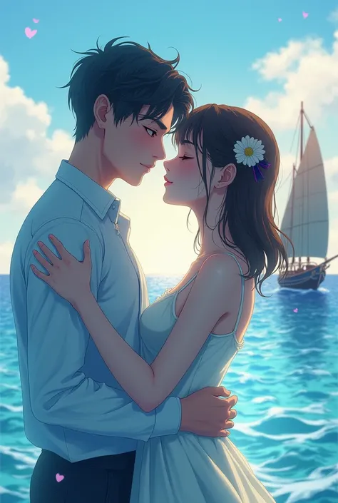 Create an image with two people in love but the man is half transparent in front of the sea with a large anime-style boat in the background