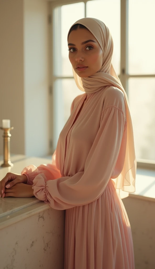  a very beautiful turkish girl ,  slim yellow skin with an oval face and glowing almond eyes .  She wore a dusty pink satin blouse , chiffon long skirt ,  and a neatly wrapped beige voal hijab . This girl is playing on top of the bar in a modern minimalist...