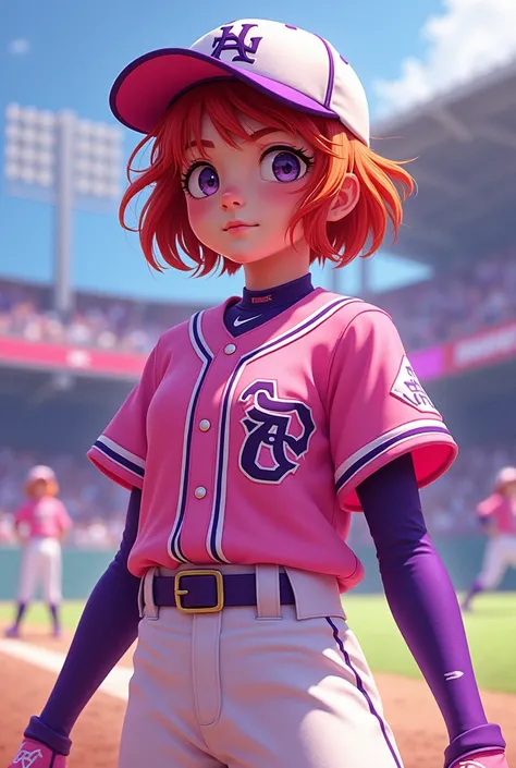 young girl, white-skinned , short red red ,  hair in pink baseball uniform with purple and white background 