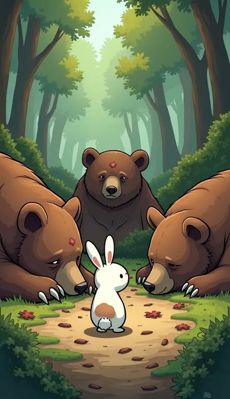 Realistic cartoon style, the small white rabbit with light brown patches stands calmly, watching from a distance. The three large, fierce bears lie unconscious on the forest floor. The first bears claws are bent, the second bear has a bump on its head, and...