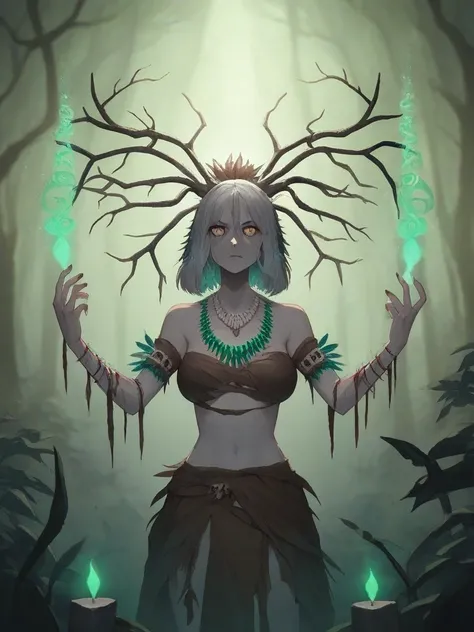 Create a dark, mystical, and horror-themed artwork featuring a female druidic shaman in a moonlit forest. The woman has long, flowing silver hair and wears a large deer skull with antlers as a headdress, she has big breast covered in sprays of blood all ov...