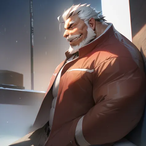 by_lindong, score_9, score_8, A huge muscular old man, wearing red jaccket, jacket, snow, city, sitting, pants, short white hair, detailed wrinkles, happy, detailed veins, detailed muscles, simple background, (best quality,4k,8k,highres,masterpiece:1.2),ul...