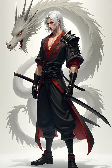 "Full-body image of a powerful, lean samurai with longer, loose white hair flowing gently around him, and intense amber eyes. His body is slender but defined, showcasing a toned, athletic physique. He wears a sleek, black kimono-style shirt with red accent...