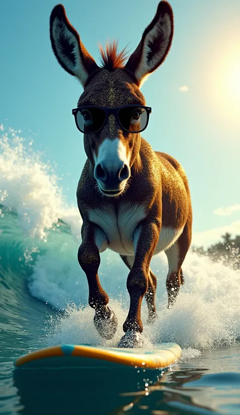  An ultra realistic dark brown donkey Making an impressive wave in a crystal clear ocean ,  with its coat covered in glitter and golden glitter ,  that shines brightly in the sunlight ,  creating a radiant and magical effect . He wears stylish sunglasses, ...