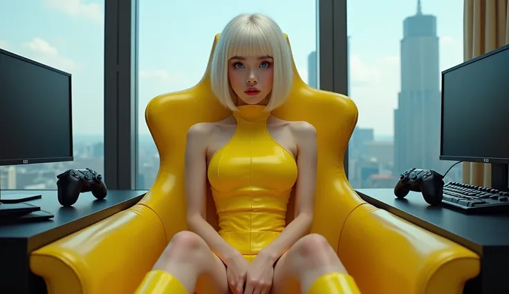 beautiful Korean woman, platinum ruby hair ((platinum blonde hair)), perfect body, small waist, perfect huge ass, big round , huge pink glossy lips, latex catsuit, yellow boots, mini skirt, yellow cat gamer headphones, sitting in a yellow gaming chair, ((s...