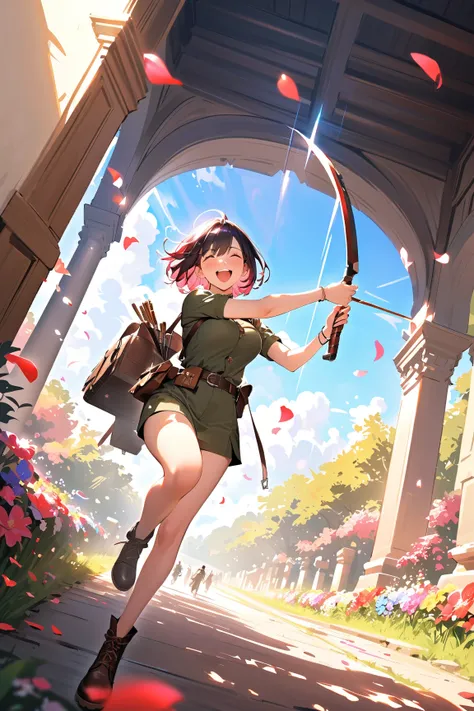 1 girl, (playful face), young adult, short hair, Bob cut, (wearing a rangers outfit with leather accents), large breasts, fit, (drawing a bow with a quiver at her side),  
BREAK  
pathway covered in falling flower petals, bright colors of flowers all aroun...