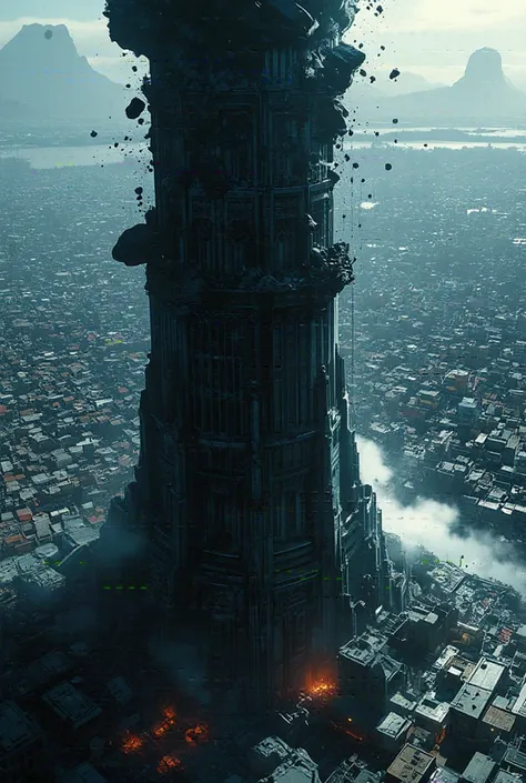 A view from the top of the Dark Tower looking down to the ground. Aerial photography by drone from 600m above the ground. A dynamic illustration. Large rocks and rubble are shown raining down towards the ground, which is crowded with buildings that appear ...