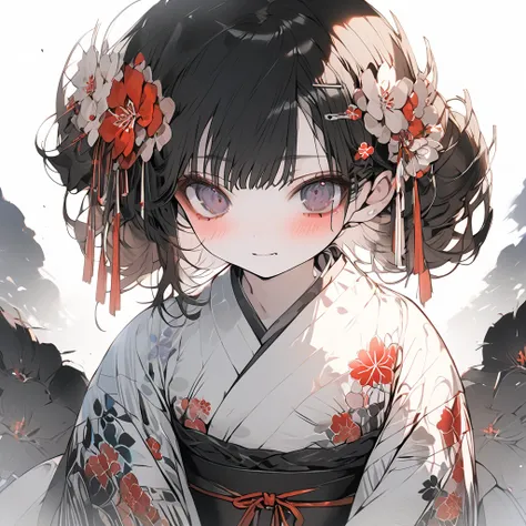 whole body,  wearing a loose floral yukata,  beautiful shiny black belt , masterpiece, Hot and listless expression , 8K quality,  black hair, Bang bang down,  hair held back slightly , flower hair ornament, cute,  dark eyes like a Japanese anime .