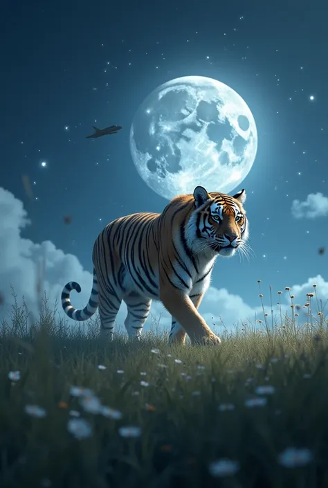 Tiger riding, night, moon, star, meadow, plane