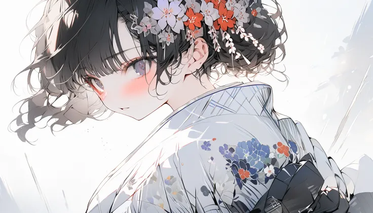 whole body,  wearing a loose floral yukata,  beautiful shiny black belt , masterpiece, Hot and listless expression , 8K quality,  black hair, Bang bang down,  hair held back slightly , flower hair ornament, cute,  dark eyes like a Japanese anime .