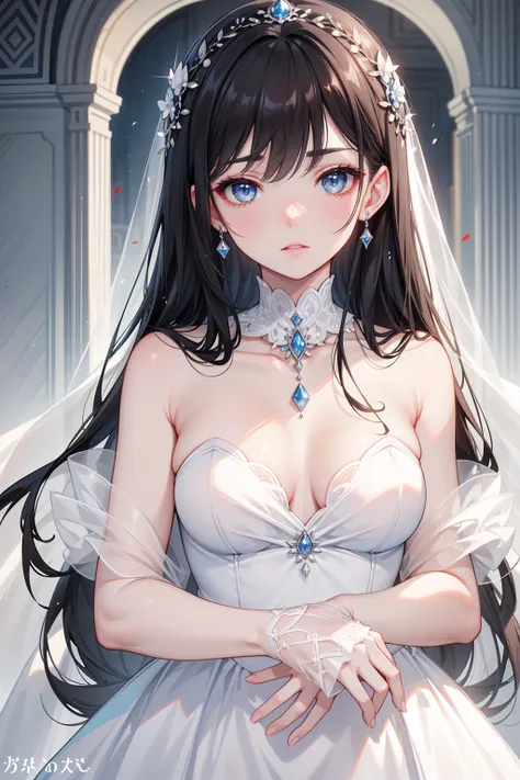  has long, dark hair ， with warm blue eyes  ，Black eyebrows、Clear and bright eyes，The lines of the facial features are soft and graceful，Cold and elegant，Refined spirit，There is no flaw at all，The skin is white and red ，Wedding Dress，wedding