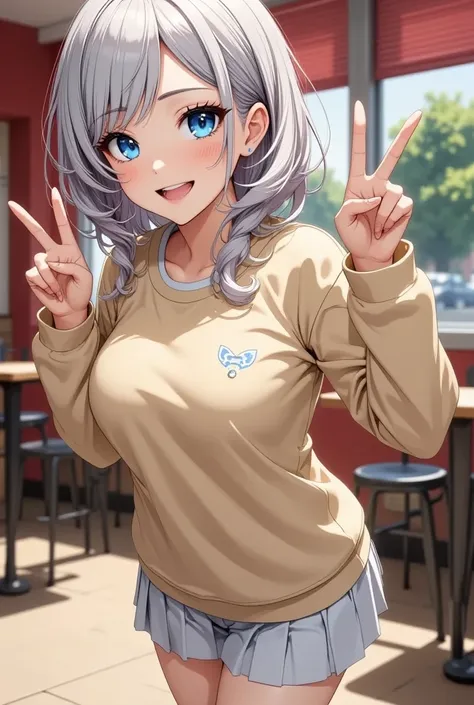  1 girl, She is a cute Shoulderless beige colored sweatshirt, Mini skirt, Small breasts, Beautiful long silver-white hair, Healthy thighs, Detail image of thighs, Her beautiful, Her adorable eyes shine like gems, (( Close-up face :1.4, Cute pop smile, Chee...