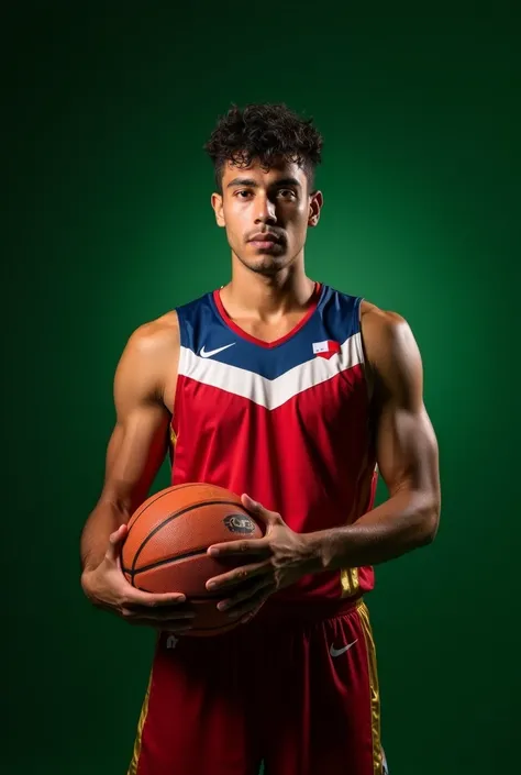 On a dark green background, a confident and imposing Chilean basketball player is captured in a striking, studio-style portrait from the waist up. He wears a modern, fitted basketball jersey in deep red and white with subtle golden accents, highlighting hi...