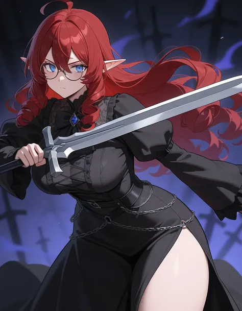 ((anime 2d style)),((dark fantasy background)), anime style, serious expression, women, dark purply tone red hair, blue eyes, wavy curly long hair, gothic dress, round glasses, fighting with a sword baguette bread as the blade, plus size body, curvy body, ...