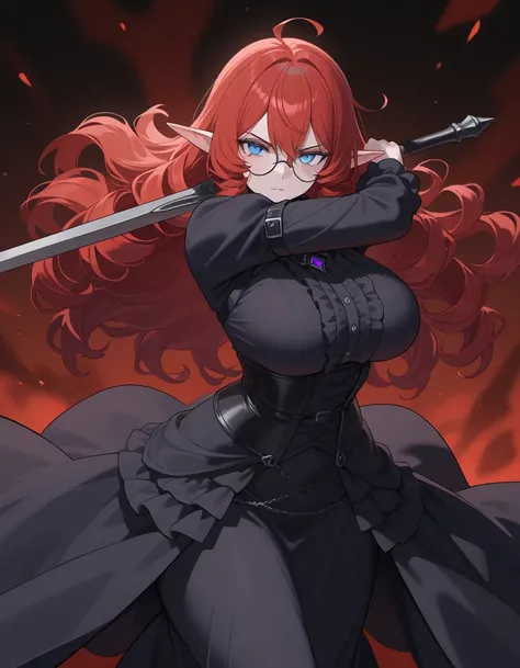 ((anime 2d style)),((dark fantasy background)), anime style, serious expression, women, dark purply tone red hair, blue eyes, wavy curly long hair, gothic dress, round glasses, fighting with a sword baguette bread as the blade, plus size body, curvy body, ...