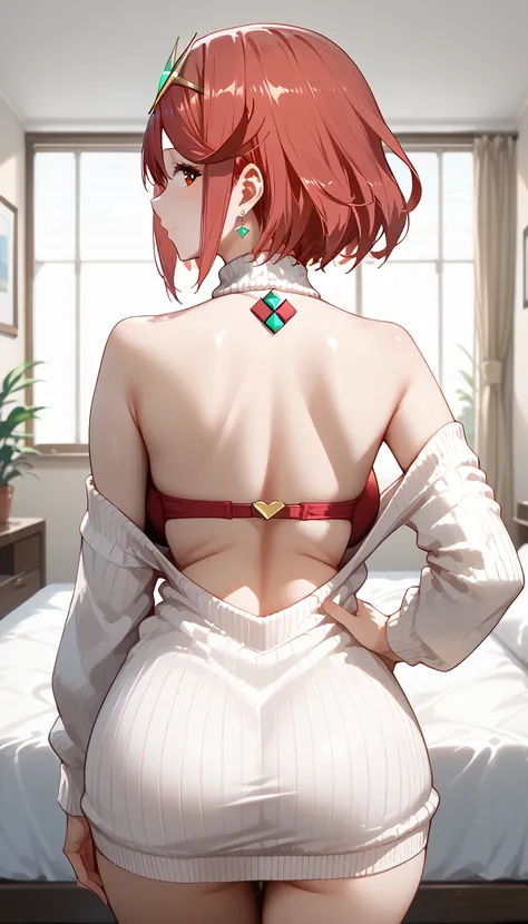 pyra (xenoblade), 1girl, red hair, short hair, swept bangs, bob cut, red eyes, source_anime, masterpiece,best quality, huge breasts, flash gyaru, 1girl, solo, (white sweater), from_behind, dress, looking_at_viewer, sidelocks, looking_back, bare_shoulders, ...