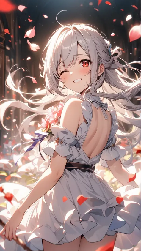 ( top quality, ),  beautiful women (Red eyes), elements. well-groomed face 、 Shy Expression 、 Silver Hair、 red eyes、smile(one eye closed、Looking up)、 ultra fine, A girl in a glittering 巫女姿、 Surrounded by beautiful petals、One eye is covered by hair、alone,  ...