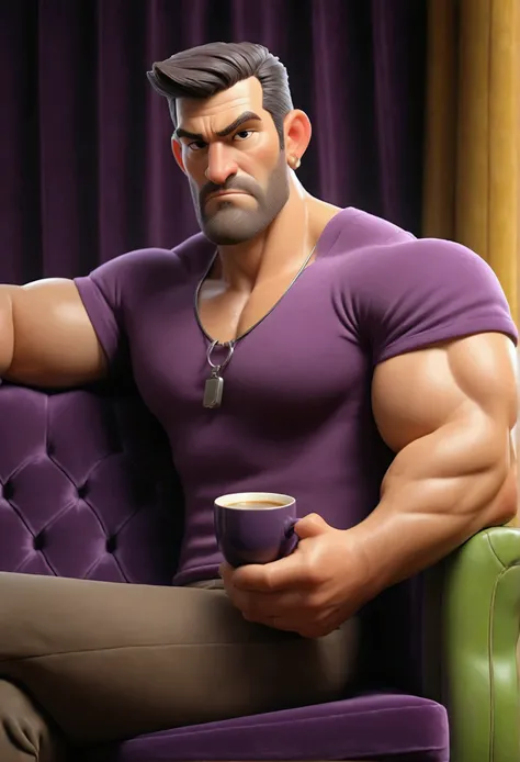 Stocky muscular handsome middle-age man, short hair, hairy body, thick hairy pectorals, holding indonesian coffee, resting on velvet purple sofa, portraits, realistic, 4k, high quality, photorealistic, amazing details, vivid colors, dramatic lighting, chia...