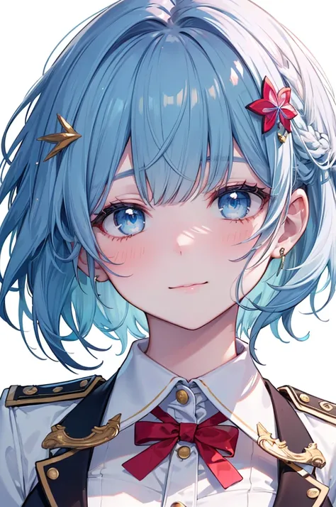 Masterpiece, ((1 girl)), ((Best Quality)), (Ultra-detailed), Highly detailed, (Portrait), ((Big breasts)), ((Short Hair, Light Blue hair, Blue eyes, Blunt bangs, Sweep bangs)), ((20-years-old, Young girl)), ((White Skin)), (Full Light Blue Blazer Uniform, ...